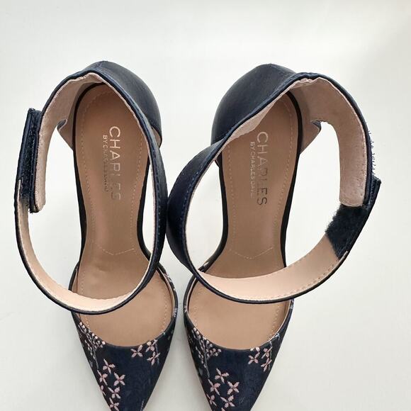 Charles By Charles David Navy Floral Ankle Strap Heels Size 6 Embroidered - Picture 4 of 14